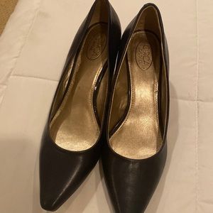 Circa Joan and David navy blue with wood wedge shoes